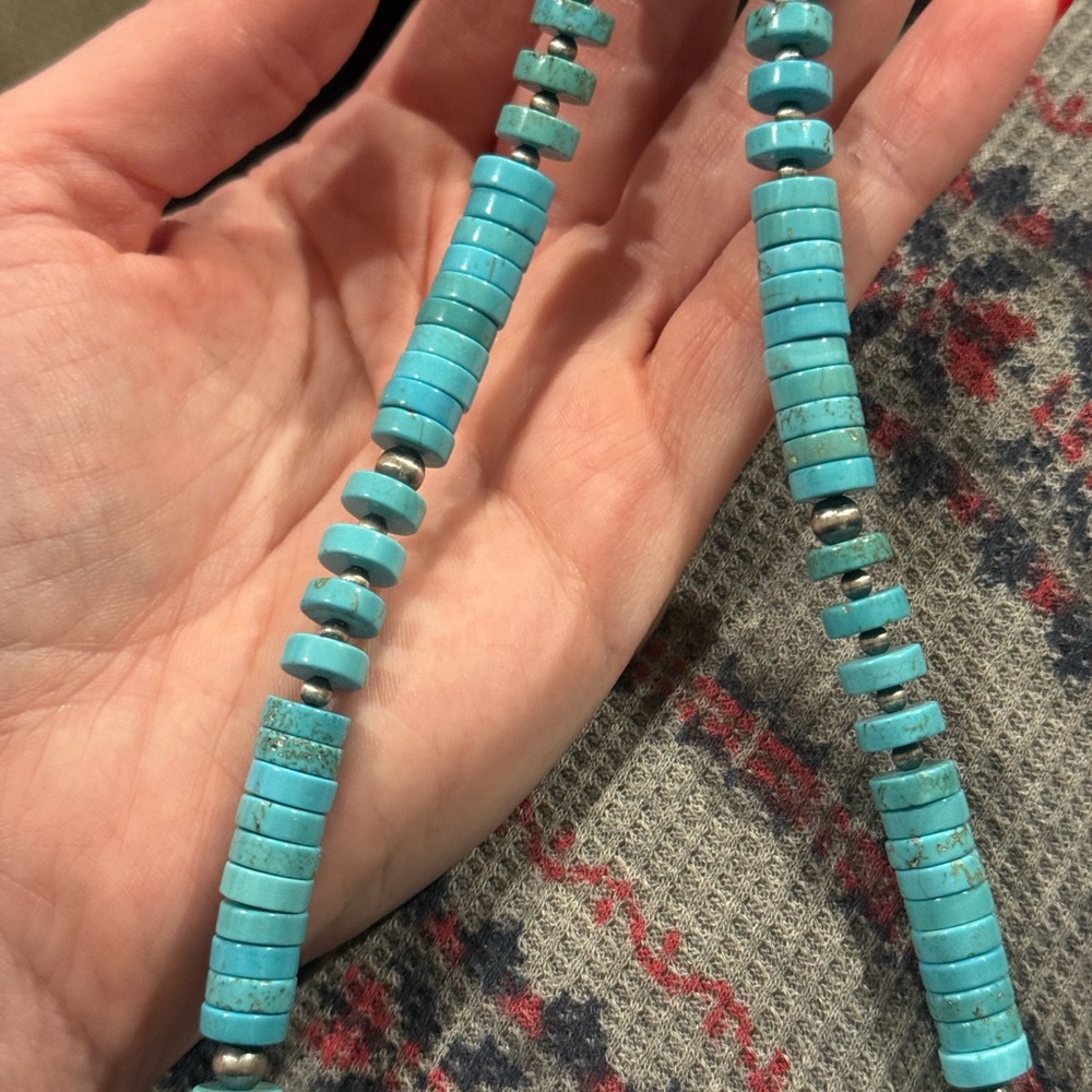 Native American Sterling Silver Navajo Pearl 8mm Turquoise HEISHI Necklace 19” - Picture 4 of 9